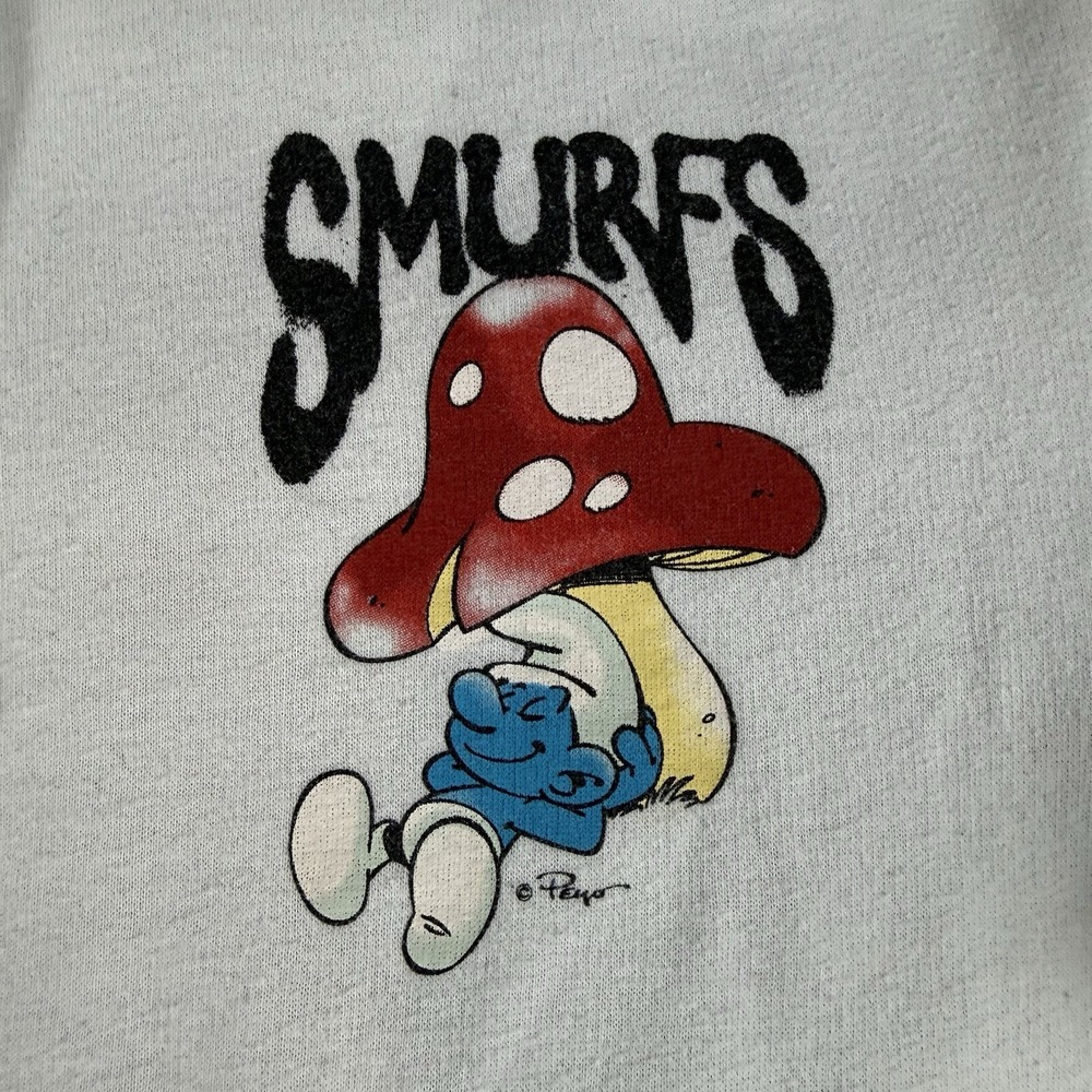 Smurfs Graphic Pullover Hoodie Small White Mushroom‎ Cartoon Streetwear Airbrush - Picture 3 of 10
